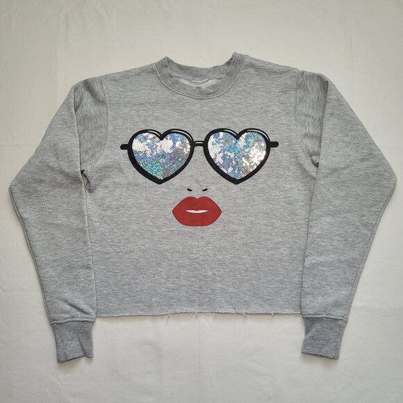 Cropped Sweatshirt Gray Sequin Heart Glasses Lips Sparkle Y2K Athleisure - Picture 1 of 10